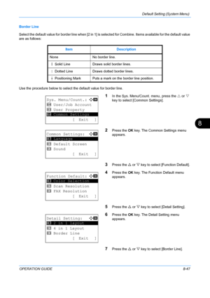 Page 235Default Setting (System Menu) 
OPERATION GUIDE8-47
8
Border Line
Select the default value for border line when [2 in 1] is selected for Combine. Items available for the default value 
are as follows: 
Use the procedure below to select the default value for border line.
1In the Sys. Menu/Count. menu, press the U or  V 
key to select [Common Settings].
2Press the  OK key. The Common Settings menu 
appears. 
3Press the  U or  V key to select [Function Default]. 
4Press the  OK key. The Function Default menu...