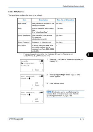 Page 303Default Setting (System Menu) 
OPERATION GUIDE8-115
8
Folder (FTP) Address
The table below explains the items to be entered.
1Press the Y or  Z key to display Folder(SMB) or 
Folder(FTP).
2Press [Edit] (the  Right Select key). An entry 
screen appears.
3Enter the host name.
NOTE: Destination can be specified using the 
Address Book or the One-touch keys. Refer to 
Specifying Destination on page 3-28 .
Item Description Max. No. of Characters
Host Name*
* If you specify a port number other than th e...