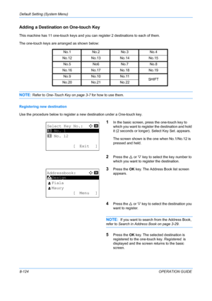 Page 312Default Setting (System Menu) 
8-124OPERATION GUIDE
Adding a Destination on One-touch Key
This machine has 11 one-touch keys and you can register 2 destinations to each of them.
The one-touch keys are arranged as shown below:
NOTE: Refer to One-Touch Key on page 3-7 for how to use them.
Registering new destination
Use the procedure below to register a  new destination under a One-touch key.
1In the basic screen, press the one-touch key to 
which you want to register the destination and hold 
it (2...