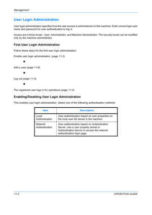 Page 368Management 
11-2OPERATION GUIDE
User Login Administration
User login administration specifies how the user access is administered on this machine. Enter correct login user 
name and password for user authentication to log in.
Access are in three levels - User, Administrator, and Mach ine Administrator. The security levels can be modified 
only by the machine administrator.
First User Logi n Administration
Follow these steps for the first user login administration. 
Enable user login administration. (...