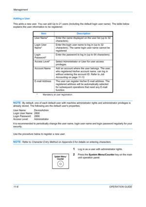 Page 372Management 
11-6OPERATION GUIDE
Adding a User
This adds a new user. You can add Up to 21 users (i
ncluding the default login user name). The table below 
explains the user information to be registered.
NOTE: By default, one of each default user with machine  administrator rights and administrator privileges is 
already stored. The following are the default users properties.
User Name: DeviceAdmin
Login User Name: 2800
Login Password: 2800
Access Level: Administrator
It is recommended to periodically...