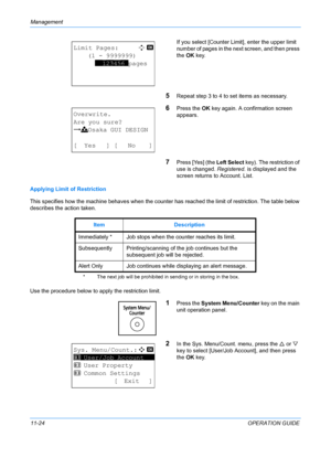 Page 390Management 
11-24OPERATION GUIDE
If you select [Counter Limit], enter the upper limit 
number of pages in the next screen, and then press 
the 
OK key.
5Repeat step 3 to 4 to  set items as necessary.
6Press the OK key again. A confirmation screen 
appears.
7Press [Yes] (the Left Select  key). The restriction of 
use is changed.  Registered. is displayed and the 
screen returns to Account. List.
Applying Limit of Restriction
This specifies how the machine behaves when the counter has reached the limit of...