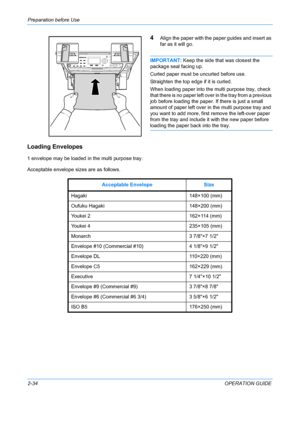 Page 70Preparation before Use 
2-34OPERATION GUIDE
4Align the paper with the paper guides and insert as 
far as it will go.
IMPORTANT: Keep the side that was closest the 
package seal facing up.
Curled paper must be uncurled before use.
Straighten the top edge if it is curled.
When loading paper into the multi purpose tray, check 
that there is no paper left over in the tray from a previous 
job before loading the paper. If there is just a small 
amount of paper left over in the multi purpose tray and 
you want...