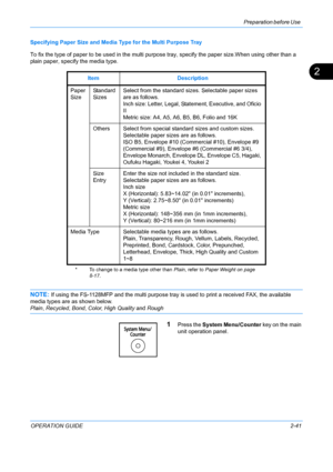 Page 77Preparation before Use 
OPERATION GUIDE2-41
2
Specifying Paper Size and Media Type for the Multi Purpose Tray
To fix the type of paper to be used in the multi purpose tray, specify the paper size.When using other than a 
plain paper, specify the media type.
NOTE: If using the FS-1128MFP and the multi purpose tray  is used to print a received FAX, the available 
media types are as shown below.
Plain , Recycled , Bond , Color , High  Quality  and Rough
1Press the  System Menu/Counter  key on the main 
unit...