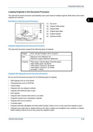 Page 81Preparation before Use 
OPERATION GUIDE2-45
2
Loading Originals in the Document Processor
The optional document processor automatically scans each sheet of multiple originals. Both sides of two-sided 
originals are scanned.
Part Names of the Document Processor
(1) Top cover
(2) Original width guides
(3) Original table
(4) Original eject table
(5) Original stopper
(6) Opening handle
Originals Supported by the Document Processor
The document processor supports the following types of originals.
Originals...