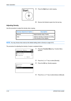 Page 92Basic Operation 
3-10OPERATION GUIDE
5Press the Start key to start copying.
6Remove the finished copies from the top tray.
Adjusting Density
Use this procedure to adjus t the density when copying.
NOTE: You may choose Auto mode as the default setting (refer to  Density on page 8-37).
The procedure for adjusting the dens ity of copies is explained below.
1Press the Function Menu  key. Function Menu 
appears.
2Press the  U or  V key to select [Density].
3Press the  OK key. Density appears.
4Press the  U or...