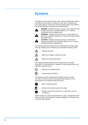 Page 16xiv
Symbols
The sections of this guide and parts of the machine marked with symbols 
are safety warnings meant to protect the user, other individuals and 
surrounding objects, and ensure correct and safe usage of the machine. 
The symbols and their meanings are indicated below.
The following symbols indicate that the related section includes safety 
warnings. Specific points of attention are indicated inside the symbol.
The following symbols indicate that the related section includes 
information on...