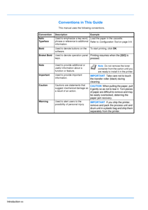 Page 22Introduction-xx
Conventions in This Guide
This manual uses the following conventions.
Convention
Description Example
Italic 
TypefaceUsed to emphasize a key word, 
phrase or reference to additional 
information. Load the paper in the 
cassette.
Refer to  Configuration Tool  on page 3-9.
Bold Used to denote buttons on the 
software. To start printing, click 
OK.
Braket Bold Used to denote operation panel 
keys.
Printing resumes when the  [GO] is 
pressed.
Note Used to provide additional or 
useful...