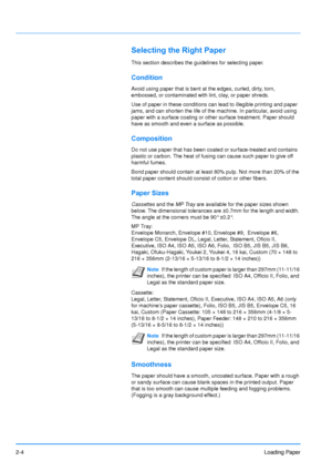 Page 322-4Loading Paper
Selecting the Right Paper
This section describes the guidelines for selecting paper.
Condition
Avoid using paper that is bent at the edges, curled, dirty, torn, 
embossed, or contaminated with lint, clay, or paper shreds.
Use of paper in these conditions can lead to illegible printing and paper 
jams, and can shorten the life of the machine. In particular, avoid using 
paper with a surface coating or other surface treatment. Paper should 
have as smooth and even a surface as possible....