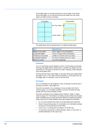 Page 362-8Loading Paper
Some label paper is manufactured with an extra margin of top sheet 
around the edge. Do not remove the extra top sheet from the carrier 
sheet until after printing is finished.
The table below lists the specifications for adhesive label paper.
Postcards
Up to 10 postcards can be loaded at a time. Fan the stack of postcards 
and align the edges before loading them in the MP tray. Make sure the 
postcards you are going to set are not curled. Feeding curled postcards 
may cause paper jams....