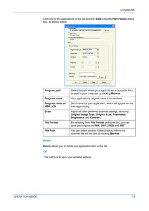 Page 57Using QLINK 
OPERATION GUIDE7-3 Click one of the applications in the list and then Edit to launch Preferences dialog 
box, as shown below:
Delete
Delete allows you to delete any application item in the list.
OK
This button is to save your updated settings.Program pathSelect the path where your application’s executable file is 
located in your computer by clicking Browse.
Program nameYour application’s original name is shown here.
Program name on 
MFP LCDSet a name for your application, which will appear...