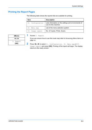 Page 65System Settings 
OPERATION GUIDE8-5
Printing the Report Pages
The following table shows the reports that are available for printing.
1Access 3. Report.
If you are unsure how to use this route map refer to Accessing Menu Items on 
page xx.
2Press W or X to select 31. Configuration, 32. Menu map or 33. 
Usage report and press [OK]. Printing of the report will begin. The display 
returns to the ready screen. Item Description
31. ConfigurationLists information on the settings and environments of 
use for...