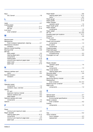 Page 106Index-2
KeysGO, Cancel  ...............................................................1-6
L
Label .......... ....................................... ...............................2-7
Loading paper Cassette ..................................................................2-11
MP tray ....................................................................2-14
Lock lever toner container  ..........................................................4-3
M
Machine parts...