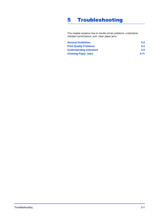 Page 73Troubleshooting5-1
5 Troubleshooting
This chapter explains how to handle printer problems, understand 
indicator combinations, and  clean paper jams
.
General Guidelines 5-2
Print Quality Problems 5-3
Understanding Indicators 5-5
Cleaning Paper Jams 5-11
Downloaded From ManualsPrinter.com Manuals 