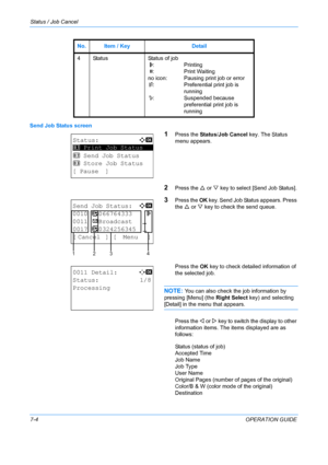 Page 170Status / Job Cancel 
7-4OPERATION GUIDE
Send Job Status screen
1Press the 
Status/Job Cancel key. The Status 
menu appears.
2Press the  U or  V key to select [Send Job Status].
3Press the  OK key. Send Job Status appears. Press 
the  U or  V key to check the send queue.
Press the  OK key to check detailed information of 
the selected job.
NOTE: You can also check the job information by 
pressing [Menu] (the  Right Select key) and selecting 
[Detail] in the menu that appears.
Press the  Y or Z key to...