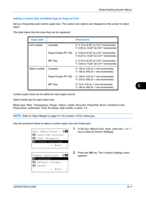 Page 199Default Setting (System Menu) 
OPERATION GUIDE8-11
8
Adding a Custom Size and Media Type for Paper to Print
Set up a frequently-used custom paper size. The custom size options are displayed on the screen to select 
paper.
The table below lists the sizes that can be registered.
Custom paper sizes can be added for each paper source.
Select media type for each paper size.
Media type: Plain, Transparency, Rough, Vellum, La bels, Recycled, Preprinted, Bond, Cardstock,Color, 
Prepunched, Letterhead, Thick,...