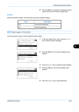 Page 231Default Setting (System Menu) 
OPERATION GUIDE8-43
8
8Press the OK key.  Completed.  is displayed and the 
screen returns to the Function Default menu. 
EcoPrint
Select the EcoPrint default. The tabl e below shows the available settings.
NOTE: Refer to page 4-10 for EcoPrint.
Use the procedure below to set the default EcoPrint setting.
1In the Sys. Menu/Count. menu, press the  U or  V 
key to select [Common Settings].
2Press the  OK key. The Common Settings menu 
appears. 
3Press the  U or  V key to...