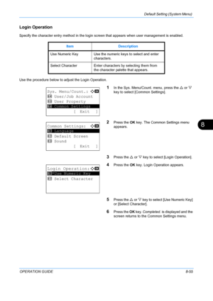 Page 243Default Setting (System Menu) 
OPERATION GUIDE8-55
8
Login Operation
Specify the character entry method in the login screen that appears when user management is enabled.
Use the procedure below to adjust the Login Operation.
1In the Sys. Menu/Count. menu, press the U or  V 
key to select [Common Settings].
2Press the  OK key. The Common Settings menu 
appears.
3Press the  U or  V key to select [Login Operation].
4Press the  OK key. Login Operation appears.
5Press the U  or V key to select [Use Numeric...