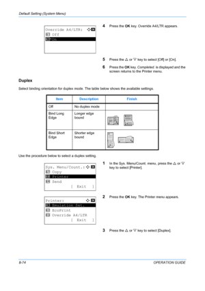 Page 262Default Setting (System Menu) 
8-74OPERATION GUIDE
4Press the OK key. Override A4/LTR appears.
5Press the  U or  V key to select [Off] or [On].
6Press the  OK key.  Completed.  is displayed and the 
screen returns to  the Printer menu.
Duplex
Select binding orientation for duplex mode.  The table below shows the available settings.
Use the procedure below to select a duplex setting.
1In the Sys. Menu/Count. menu, press the  U or  V 
key to select [Printer].
2Press the  OK key. The Printer menu appears....