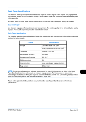 Page 415 
OPERATION GUIDEAppendix-11
Basic Paper Specifications
This machine is designed to print on standard copy paper as used in regular (dry) copiers and page printers 
such as laser printers. It also supports a variety of other  types of paper that conform to the specifications given 
in this appendix. 
Be careful when choosing paper. Paper unsuitable fo r the machine may cause jams or may be wrinkled. 
Supported Paper 
Use standard copy paper for regular co piers or laser printers. The printing quality...