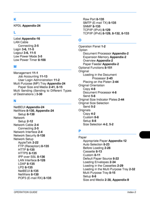 Page 433 
OPERATION GUIDEIndex-3
K
KPDL Appendix-24
L
Label Appendix-16
LAN Cable
Connecting  2-5
Login 3-6, 11-5
Logout  3-6, 11-5
Low Power Mode 3-5
Low Power Timer  8-108
M
Management 11-1
Job Accounting  11-13
User Login Administration  11-2
Multi Purpose (MP) Tray  Appendix-24
Paper Size and Media  2-41, 8-15
Multi Sending (Sending to Different Types
of Destinations )  3-30
N
NetBEUI Appendix-24
NetWare  8-130, Appendix-24
Setup  8-130
Network Setup  2-12
Network Cable  2-4
Connecting  2-5
Network Interface...