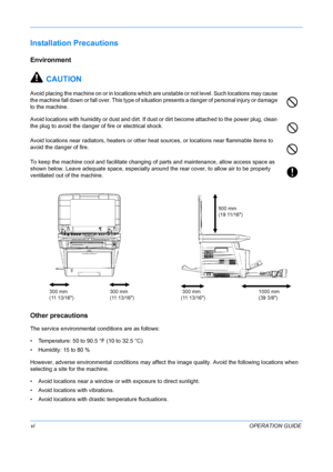 Page 8 
viOPERATION GUIDE
Installation Precautions
Environment
CAUTION
Avoid placing the machine on or in locations which ar e unstable or not level. Such locations may cause 
the machine fall down or fall over. This type of situation presents a danger of personal injury or damage 
to the machine.
Avoid locations with humidity or dust and dirt. If dust or dirt become attached to the power plug, clean 
the plug to avoid the danger of fire or electrical shock.
Avoid locations near radiators, heaters or other...
