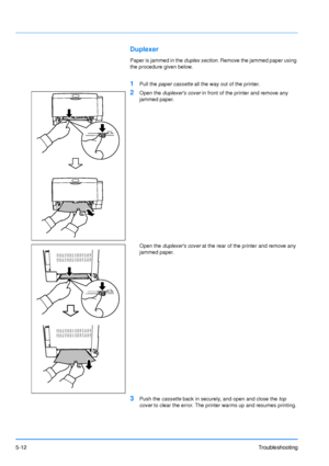 Page 845-12Troubleshooting
Duplexer
Paper is jammed in the duplex section. Remove the jammed paper using 
the procedure given below.
1Pull the  paper cassette  all the way out of the printer.
2Open the duplexers cover  in front of the printer and remove any 
jammed paper.
Open the  duplexers cover  at the rear of the printer and remove any 
jammed paper.
3Push the  cassette back in securely, and open and close the  top 
cover  to clear the error. The printer warms up and resumes printing.
Downloaded From...