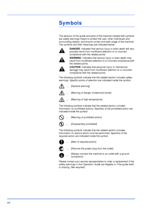 Page 17xvi
Symbols
The sections of this guide and parts of the machine marked with symbols 
are safety warnings meant to protect the user, other individuals and 
surrounding objects, and ensure correct and safe usage of the machine. 
The symbols and their meanings are indicated below.
The following symbols indicate that the related section includes safety 
warnings. Specific points of attention are indicated inside the symbol.
The following symbols indicate that the related section includes 
information on...