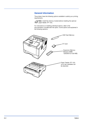 Page 1678-2Option
General Information
The printers have the following options available to satisfy your printing 
requirements. 
For instructions on installing individual options, refer to the 
documentation included with the option. Some options are explained in 
the following sections.
NoteInstall the memory module before installing the optional 
paper feeder (PF-100).
Expansion Memory 
Module (DIMM 
128/256/512/1024 MB)
Paper Feeder (PF-100) 
Up to two cassettes can 
be attached.CF Card
USB Flash Memory...