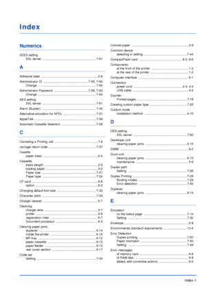 Page 184Index-1
Index
Numerics
3DES setting
SSL server  .............................................................. 7-61
A
Adhesive label  ................................................................. 2-8
Administrator ID  ....................................................7-55, 7-63
Change ................................................................... 7-64
Administrator Password  ........................................7-56, 7-63
Change...