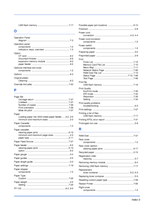 Page 186Index-3
USB flash memory .................................................. 7-17
O
Operation Panel
diagram ..................................................................... 7-3
Operation panel
components .............................................................. 1-2
indicators, keys, overview ......................................... 1-3
Option
CF card  ..................................................................... 8-2
Document finisher ........................................................