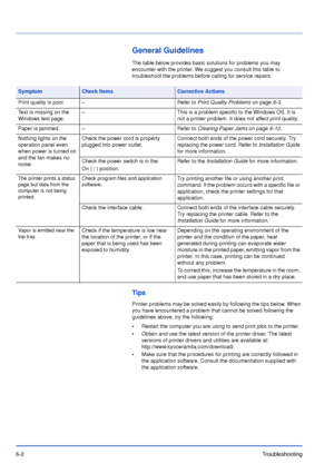 Page 816-2Troubleshooting
General Guidelines
The table below provides basic solutions for problems you may 
encounter with the printer. We suggest you consult this table to 
troubleshoot the problems before calling for service repairs.
Tips
Printer problems may be solved easily by following the tips below. When 
you have encountered a problem that cannot be solved following the 
guidelines above, try the following:
•Restart the computer you are using to send print jobs to the printer.
•Obtain and use the latest...