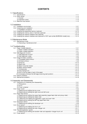 Page 11CONTENTS
1-1 Specifications
1-1-1 Specifications .......................................................................................................................................... 1-1-1
1-1-2 Parts names ............................................................................................................................................1-1-3
(1) Overall...