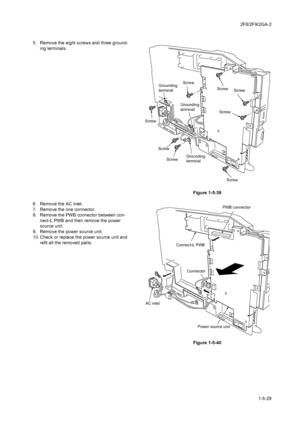 Page 1012F8/2F9/2GA-2
1-5-29 5. Remove the eight screws and three ground-
ing terminals.
Figure 1-5-39
6. Remove the AC inlet.
7. Remove the one connector.
8. Remove the PWB connector between con-
nect-L PWB and then remove the power 
source unit.
9. Remove the power source unit.
10. Check or replace the power source unit and 
refit all the removed parts.
Figure 1-5-40
Screw
Screw
Screw
Screw ScrewScrew Screw Screw
Grounding
terminal Grounding
terminal Grounding
terminal
PWB connector
Connect-L PWB
Connector...
