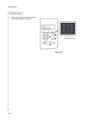 Page 222F8/2F9/2GA-2
1-2-41. Attach the included language label sheet on 
the indicator as shown in the figure.
Figure 1-2-3
Attaching the label.
Ready
PAR A4 PLAIN
Language label sheet
Downloaded From ManualsPrinter.com Manuals 