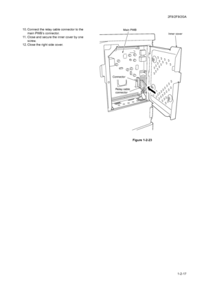 Page 352F8/2F9/2GA
1-2-17 10. Connect the relay cable connector to the 
main PWB’s connector.
11. Close and secure the inner cover by one 
screw.
12. Close the right side cover.
Figure 1-2-23
Relay cable
connectorMain PWB
Inner cover
Connector
Downloaded From ManualsPrinter.com Manuals 