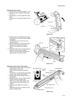 Page 672F8/2F9/2GA-2
1-4-11 Cleaning the drum surface
1. Remove the drum unit (See page P.1-5-10).
2. Remove the main charger unit (See page 
P.1-5-11).
3. Hold the drum unit at an angle shown right 
figure.
Use care not to drop foreign objects into the 
drum.
Figure 1-4-6
4. Rotate the drum by rotating the drum gear. 
(in the direction of arrow (A), approximately 
90 degrees)
CAUTION: Do not turn the drum in the 
opposite direction.
5. Lightly wipe the drum surface with a clean-
ing cloth in the direction of...