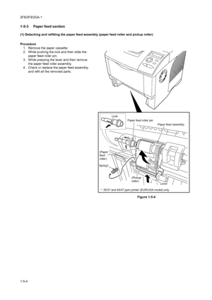 Page 762F8/2F9/2GA-1
1-5-4
1-5-3  Paper feed section
(1) Detaching and refitting the paper feed assembly (paper feed roller and pickup roller)
Procedure
1. Remove the paper cassette.
2. While pushing the lock and then slide the 
paper feed roller pin.
3. While pressing the lever and then remove 
the paper feed roller assembly.
4. Check or replace the paper feed assembly 
and refit all the removed parts.
Figure 1-5-4
Paper feed assembly
(Paper
feed
roller)
(Pickup
roller) Paper feed roller pin
*: 35/37 and 45/47...