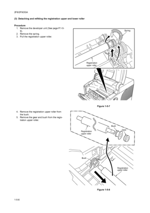 Page 782F8/2F9/2GA
1-5-6 (3)  Detaching and refitting the registration upper and lower roller
Procedure
1. Remove the developer unit (See page P.1-5-
9).
2. Remove the spring.
3. Pull the registration upper roller.
Figure 1-5-7
4. Remove the registration upper roller from 
the bush.
5. Remove the gear and bush from the regis-
tration upper roller.
Figure 1-5-8
Spring
Registration
upper roller
Registration
upper rollerGear
BushBush
Registration
upper roller
Downloaded From ManualsPrinter.com Manuals 