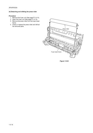 Page 902F8/2F9/2GA
1-5-18 (4) Detaching and refitting the press roller
Procedure
1. Remove the fuser unit (See page P.1-5-14).
2. Open the fuser unit (See page P.1-5-15).
3. Remove the press roller from the fuser lower 
frame.
4. Check or replace the press roller and refit all 
the removed parts.
Figure 1-5-23
Fuser lower framePress roller
Downloaded From ManualsPrinter.com Manuals 