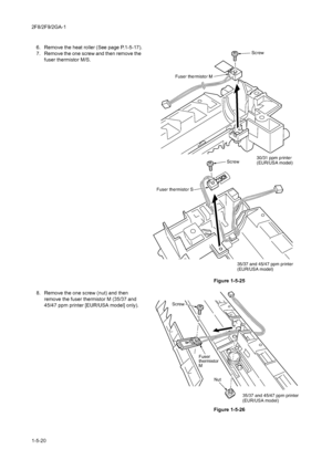 Page 922F8/2F9/2GA-1
1-5-206. Remove the heat roller (See page P.1-5-17).
7. Remove the one screw and then remove the 
fuser thermistor M/S.
Figure 1-5-25
8. Remove the one screw (nut) and then 
remove the fuser thermistor M (35/37 and 
45/47 ppm printer [EUR/USA model] only).
Figure 1-5-26
Fuser thermistor S
Fuser thermistor M
Screw
Screw
30/31 ppm printer
(EUR/USA model)
35/37 and 45/47 ppm printer
(EUR/USA model)
Nut Screw
Fuser
thermistor
M
35/37 and 45/47 ppm printe
r(EUR/USA model)
Downloaded From...