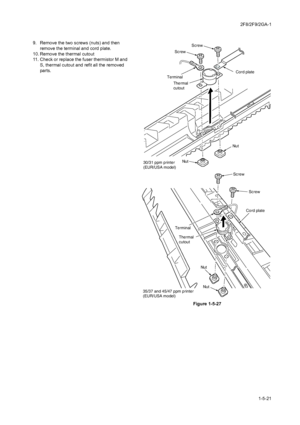 Page 932F8/2F9/2GA-1
1-5-21 9. Remove the two screws (nuts) and then 
remove the terminal and cord plate.
10. Remove the thermal cutout
11. Check or replace the fuser thermistor M and 
S, thermal cutout and refit all the removed 
parts.
Figure 1-5-27
Cord plate Cord plate
Terminal
Nut
Nut
30/31 ppm printer
(EUR/USA model)
35/37 and 45/47 ppm printer
(EUR/USA model)Nut
NutScrew Screw
Screw
Screw
Thermal
cutout Terminal
Thermal
cutout
Downloaded From ManualsPrinter.com Manuals 