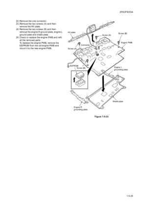 Page 972F8/2F9/2GA
1-5-25 22. Remove the one connector.
23. Remove the two screws (A) and then 
remove the HV plate.
24. Remove the two screws (B) and then 
remove the engine R ground plate, engine L 
ground plate and shield plate.
25. Check or replace the engine PWB and refit 
all the removed parts.
To replace the engine PWB, remove the 
EEPROM from the old engine PWB and 
mount it to the new engine PWB.
Figure 1-5-33
ConnectorEngine PWB
Shield plate HV plate
Screw (A)
Screw (B)Screw (B)
Screw (A)
EEPROM...