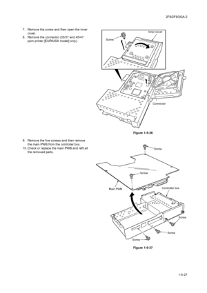 Page 992F8/2F9/2GA-2
1-5-27 7. Remove the screw and then open the inner 
cover.
8. Remove the connector (35/37 and 45/47 
ppm printer [EUR/USA model] only).
Figure 1-5-36
9. Remove the five screws and then remove 
the main PWB from the controller box.
10. Check or replace the main PWB and refit all 
the removed parts.
Figure 1-5-37
Inner cover
Screw
Connector
ScrewScrew
ScrewScrewScrew Main PWBController box
Downloaded From ManualsPrinter.com Manuals 