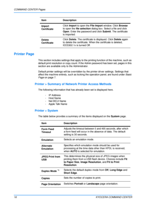 Page 20COMMAND CENTER Pages
16KYOCERA COMMAND CENTER
Printer Page
This section includes settings that apply to the printing function of the machine, such as 
default print resolution or copy count. If the Admin password has been set, pages in this 
section are available only to the Administrator. 
Default printer settings will be overridden by  the printer driver settings. Settings that 
affect the machine entirely, such as lo cking the operation panel, are found under  Basic 
Page  on page 7.
Printer > Summary...