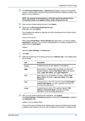 Page 29COMMAND CENTER Pages
Operation Guide 25
2.The RX/Forward Requirements - Advanced  page appears. Specify the forwarding 
process. The procedure is almost the same  as the procedure for adding a condition. See 
steps 2 to 6 as a reference.
NOTE: The process of saving faxes in a FAX box cannot be selected as the 
forwarding process to be applied without using a Requirement List.
3.After you have finished setting the items, click  Submit.
4.Returns to the  RX/Forward Requirements  page.
Select  ALL and click...