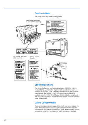 Page 13
xii
Caution Labels
The printer bears any of the following labels.
CDRH Regulations
The Center for Devices and Radiological Health (CDRH) of the U.S. 
Food and Drug Administration implemented regulations for laser 
products on August 2, 1976. These regulations apply to laser products 
manufactured after August 1, 1976. Compliance is mandatory for 
products marketed in the United States. A label indicating compliance 
with the CDRH regulations must be attached to laser products marketed 
in the United...