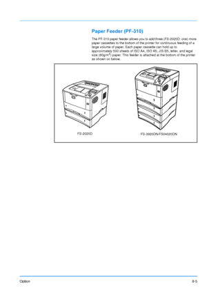 Page 186
Option8-5
Paper Feeder (PF-310)
The PF-310 paper feeder allows you to add three (FS-2020D: one) more 
paper cassettes to the bottom of the printer for continuous feeding of a \
large volume of paper. Each paper cassette can hold up to 
approximately 500 sheets of ISO A4, ISO A5, JIS B5, letter, and legal 
size (80g/m
2) paper. This feeder is attached at the bottom of the printer 
as shown on below.
FS-2020D FS-3920DN/FS04020DN
Downloaded From ManualsPrinter.com Manuals 