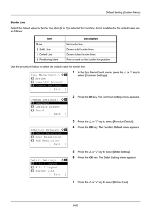 Page 2488-60
Default Setting (System Menu)
Border Line
Select the default value for border line when [2 in 1] is selected for Combine. Items available for the default value are 
as follows: 
Use the procedure below to select the default value for border line.
1In the Sys. Menu/Count. menu, press the  U or V  key to 
select [Common Settings].
2Press the  OK key. The Common Settings menu appears. 
3Press the U  or V key to select [Function Default]. 
4Press the  OK key. The Function Default menu appears. 
5Press...