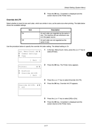 Page 2658
8-77
Default Setting (System Menu)
6Press the OK key. Completed.  is displayed and the 
screen returns to the Printer menu.
Override A4/LTR
Select whether to treat A4 size and Letter, which are simila r in size, as the same size when printing. The table below 
shows the available settings.
Use the procedure below to specify the override  A4/Letter setting. The default setting is On.
1In the Sys. Menu/Count. menu, press the  U or V  key to 
select [Printer].
2Press the OK  key. The Printer menu...